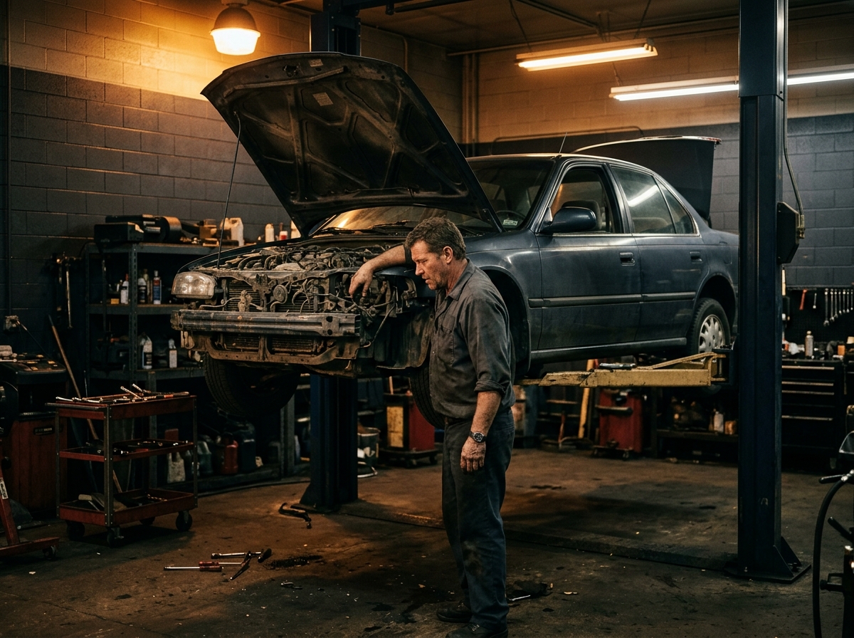A mechanic inspecting an engine in the shop bay