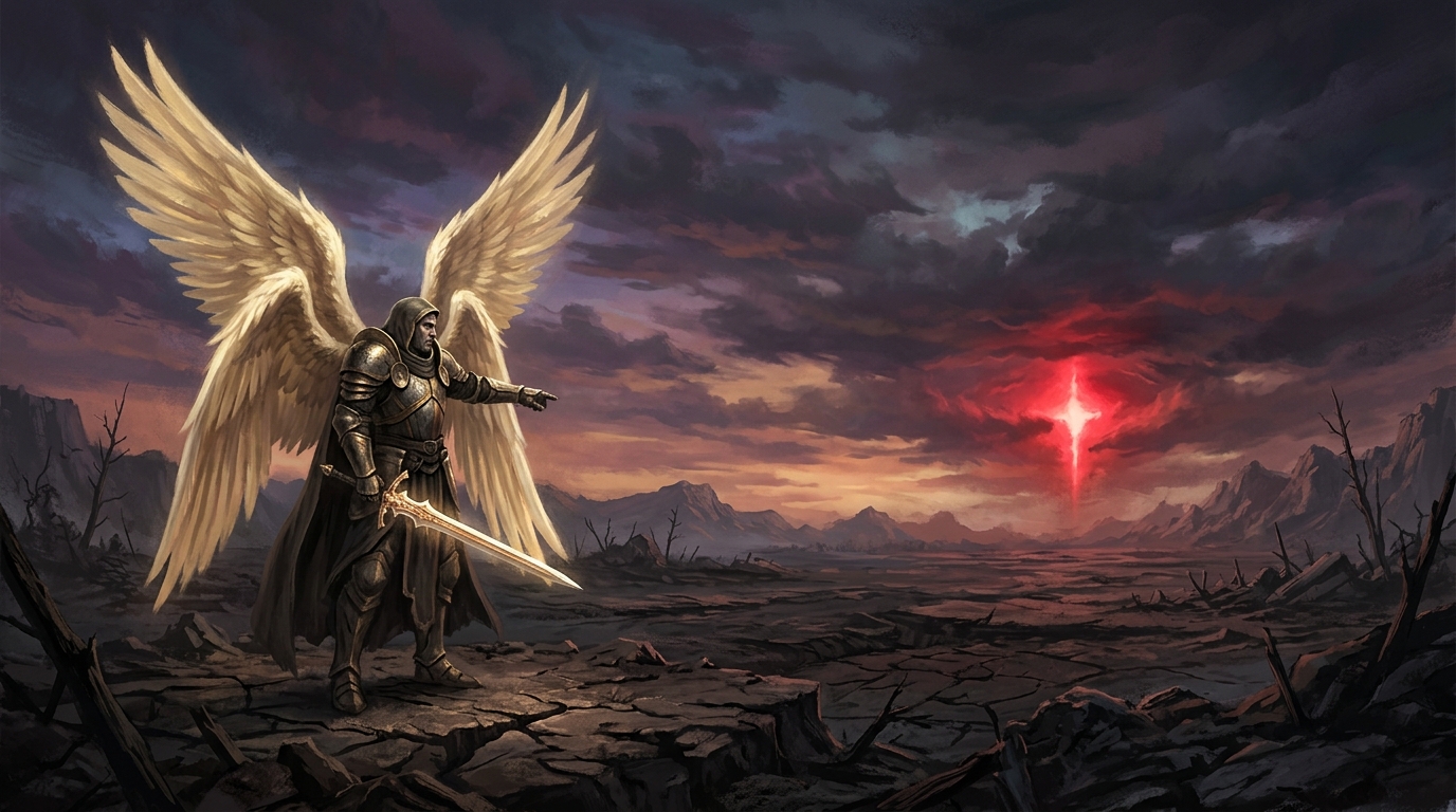 An archangel on cracked earth pointing toward a red rift