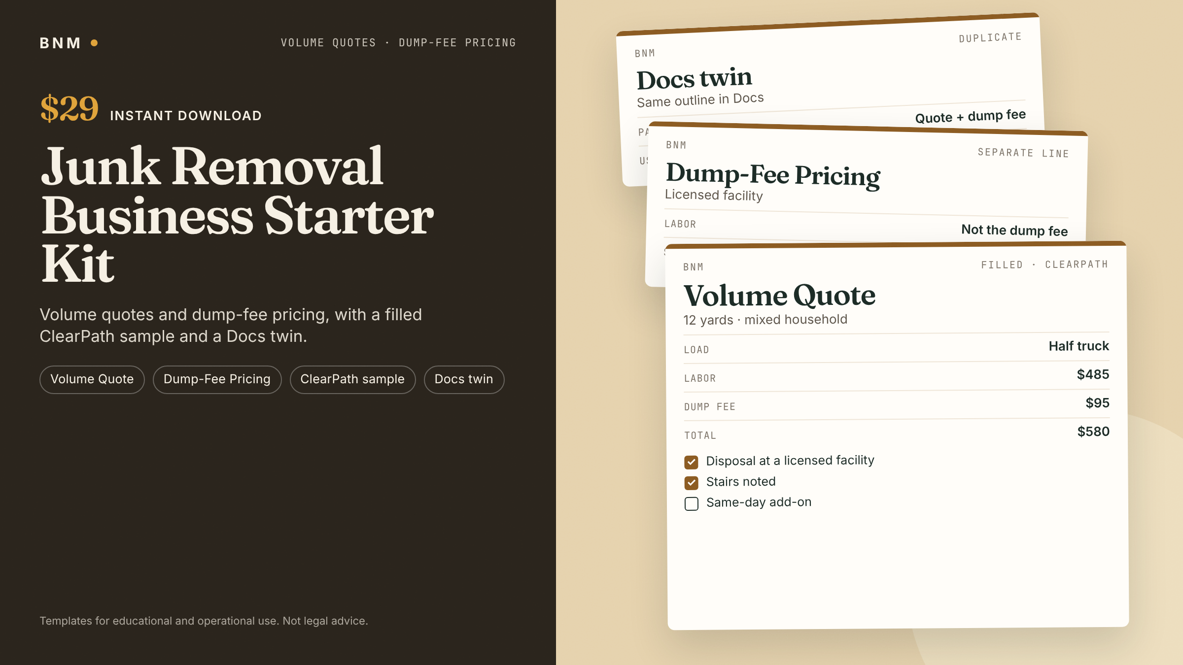 Junk Removal Business Starter Kit — Quotes, Dump Fees, Invoices & PM Scripts