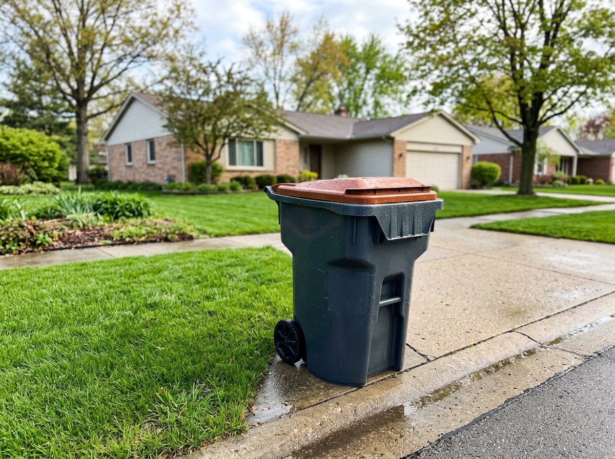 A freshly rinsed residential trash bin at a Franklin driveway