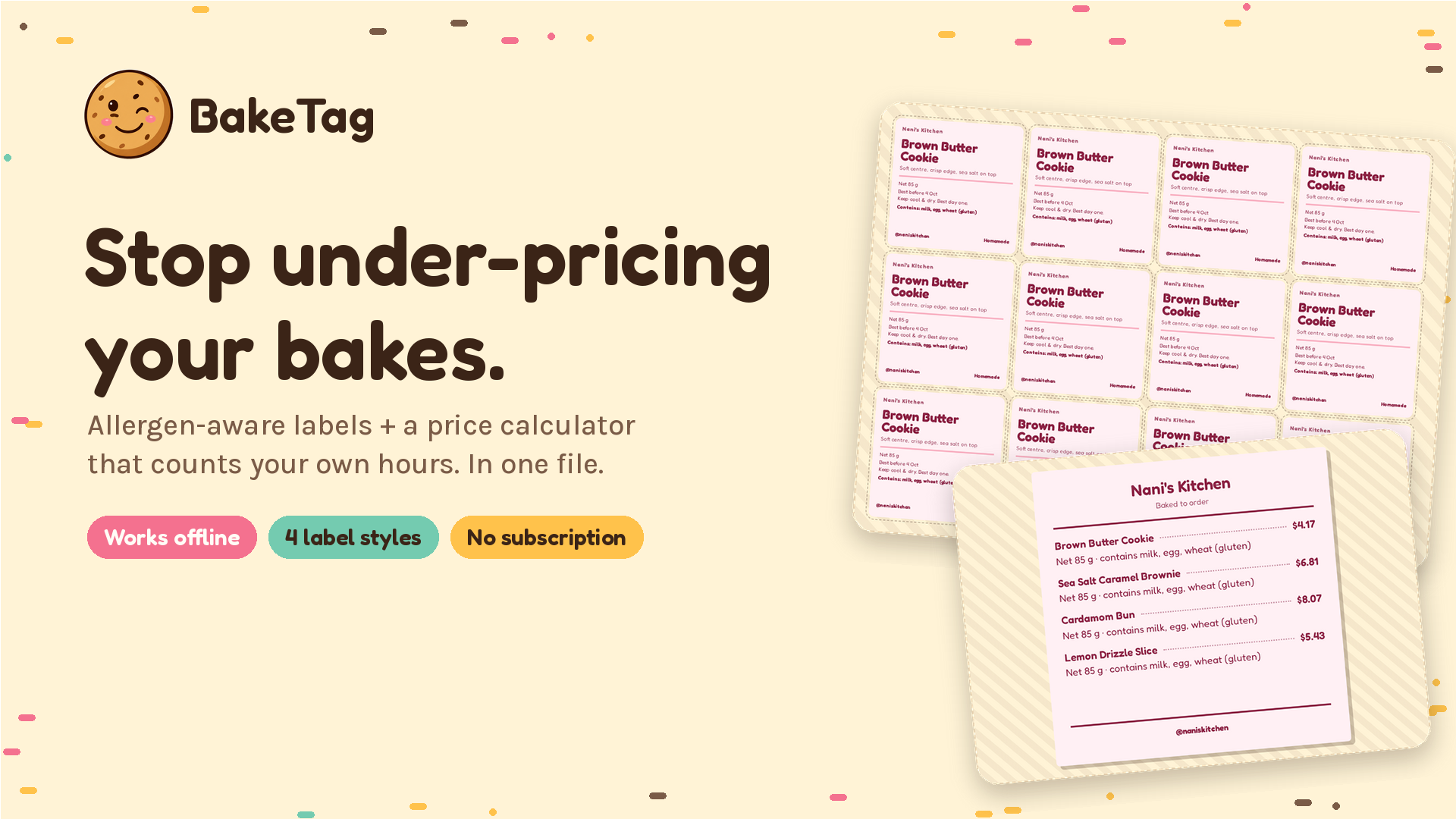 BakeTag — Cake & Cupcake Pricing Calculator + Allergen Label Maker for Home Bake