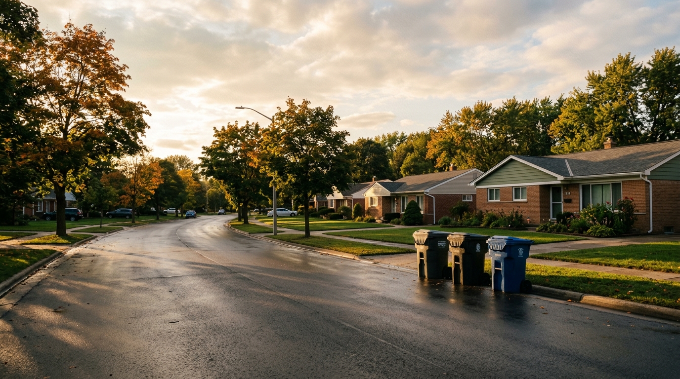 Two clean bins on a wet suburban street