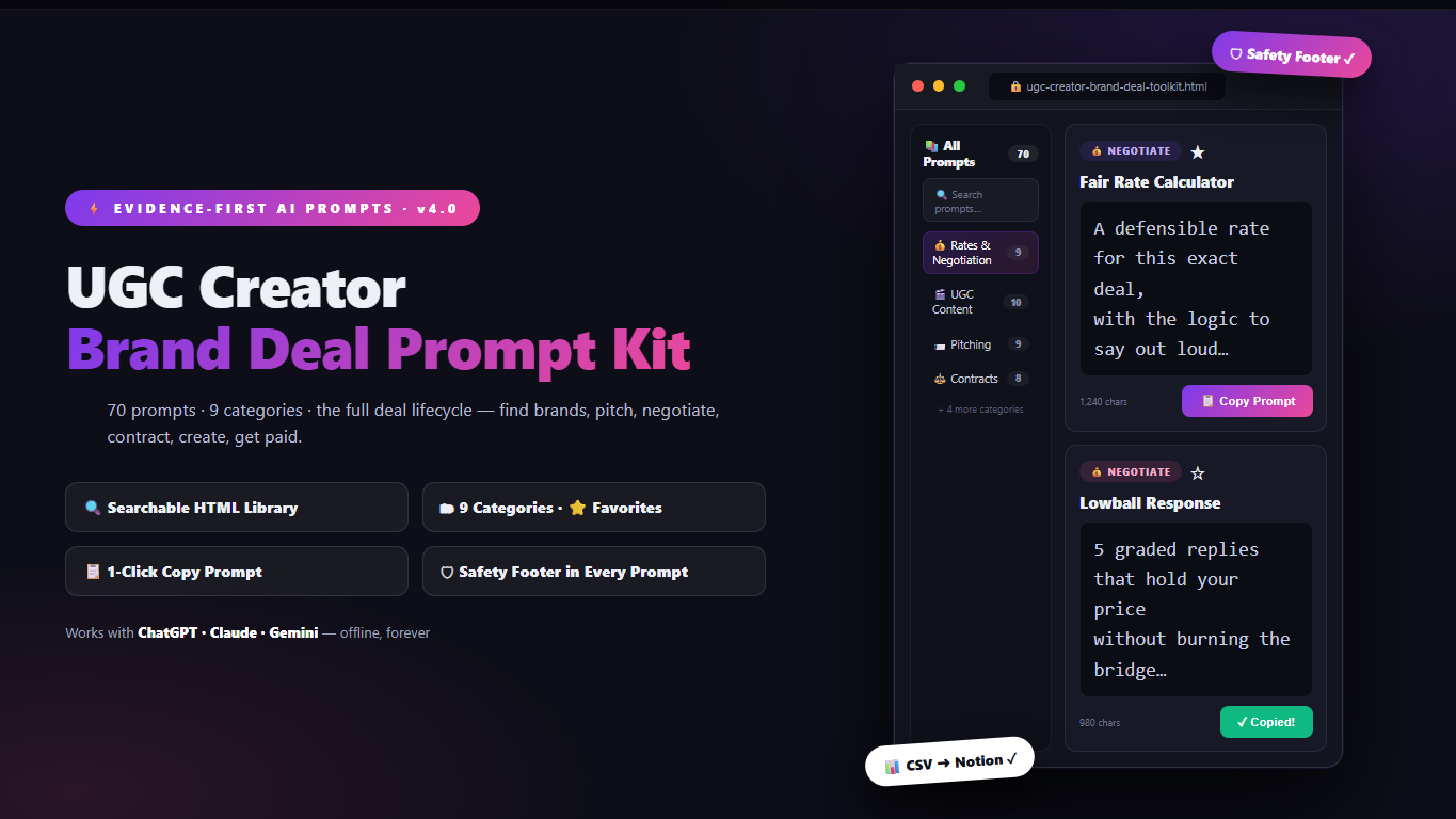 UGC Brand Deal Prompt Kit — 70 AI Prompts That Get You Paid