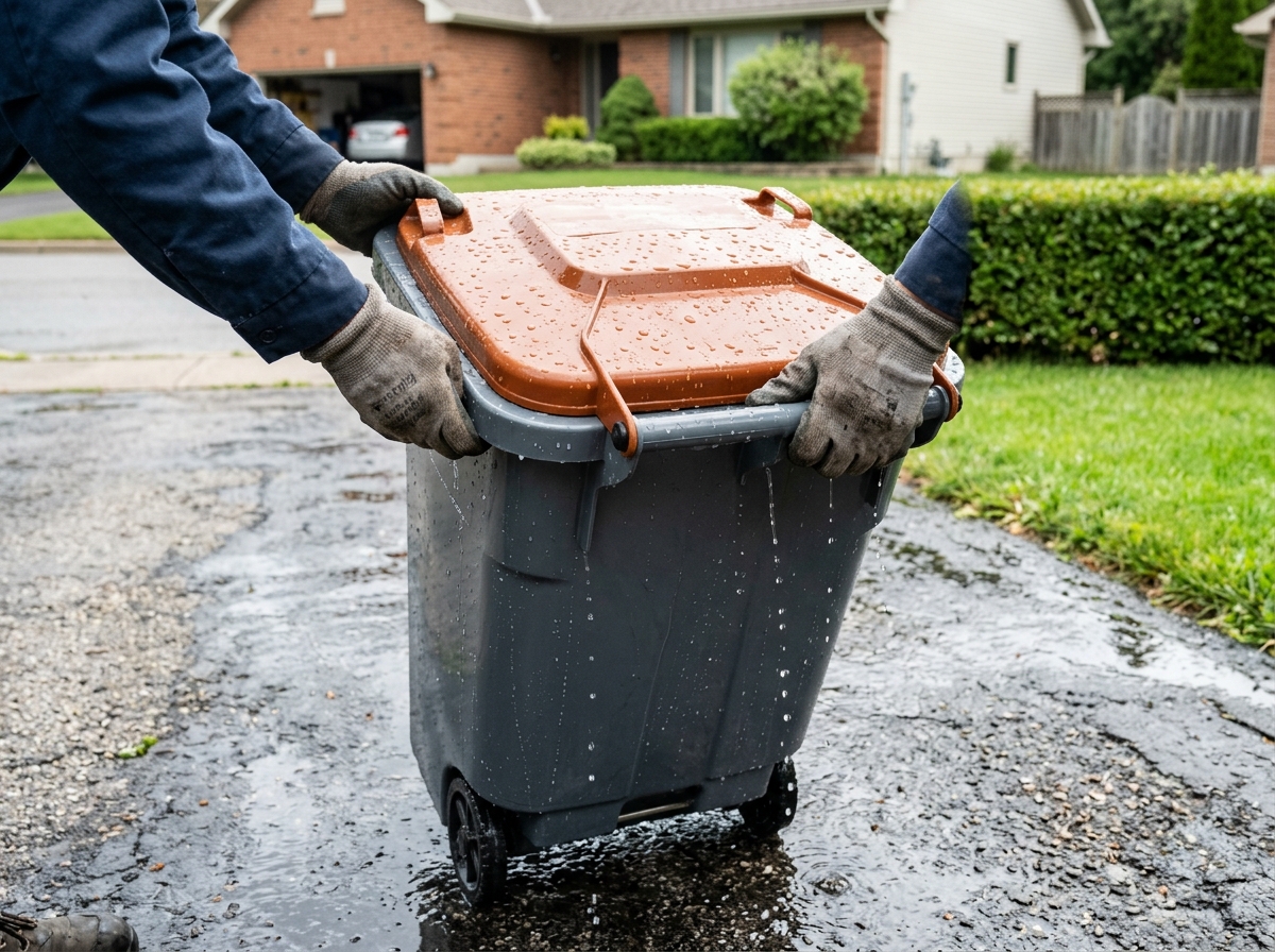 Gloved hands returning a washed bin to the driveway