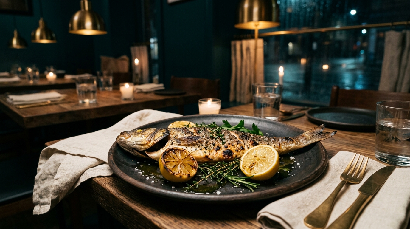 Whole grilled branzino with lemon and herbs