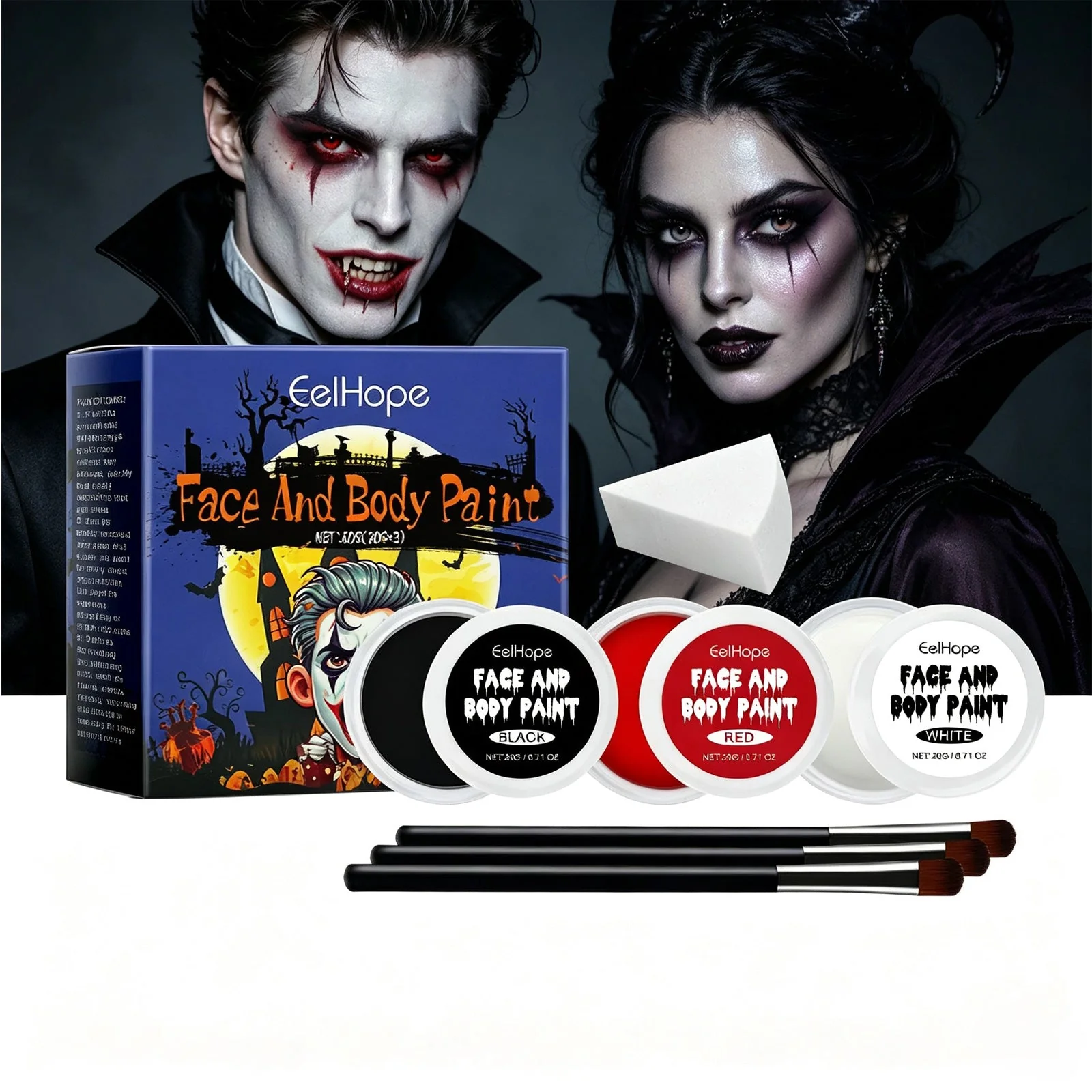 Halloween Face & Body Paint Set, Black White Red Face Paint Kit For Cosplay, Ful