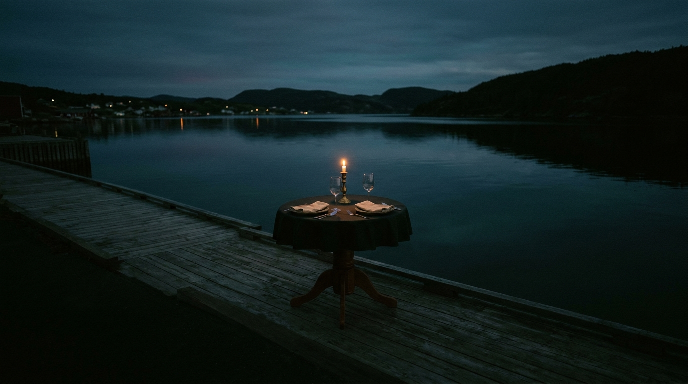 A table for two on the harbor dock at dusk