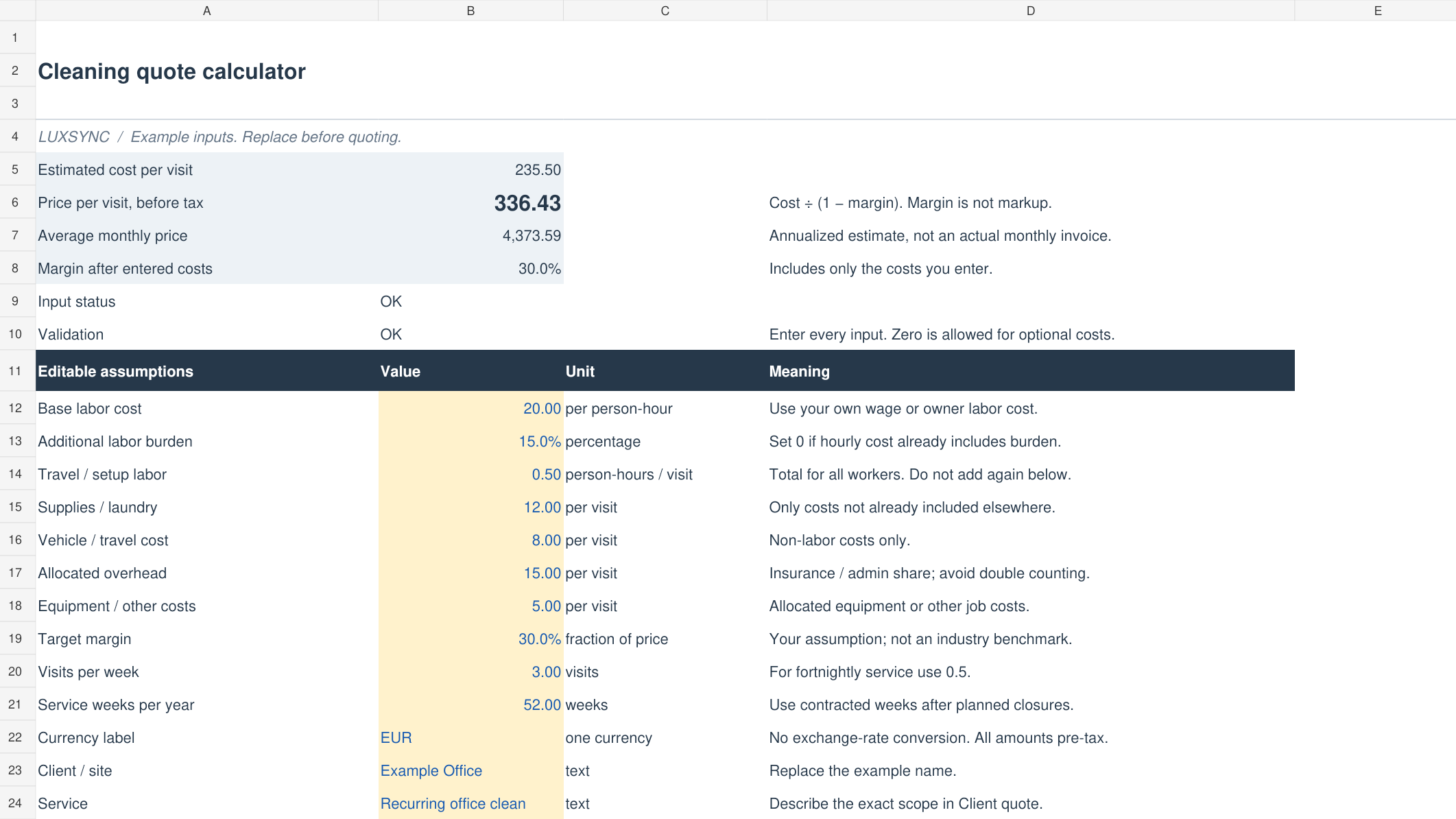 Cleaning Quote Calculator — Labor, Costs & Recurring Pricing