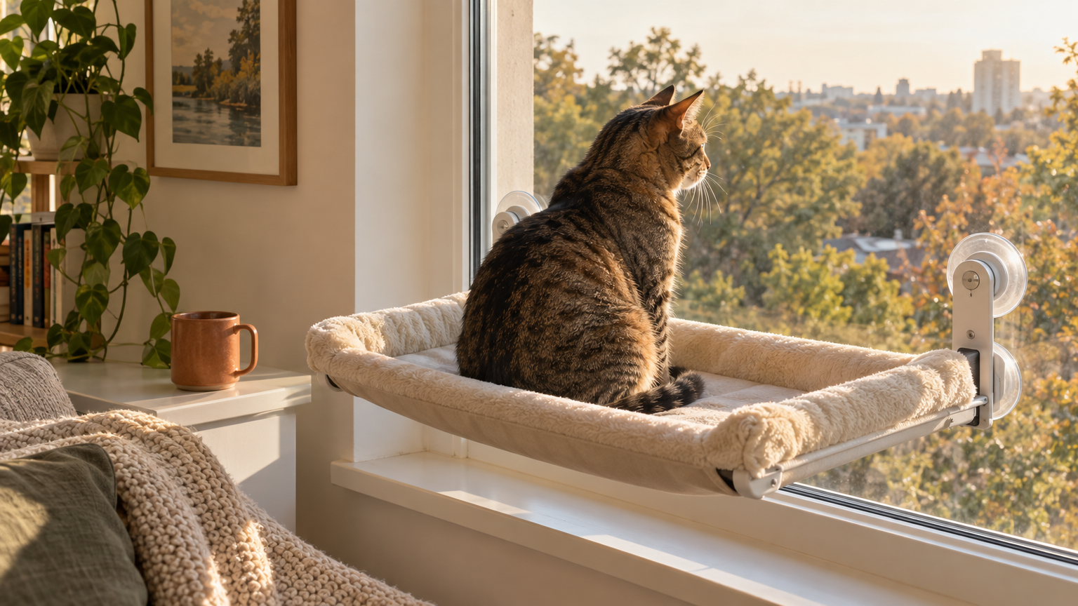 An orange cat asleep on a sunlit window perch