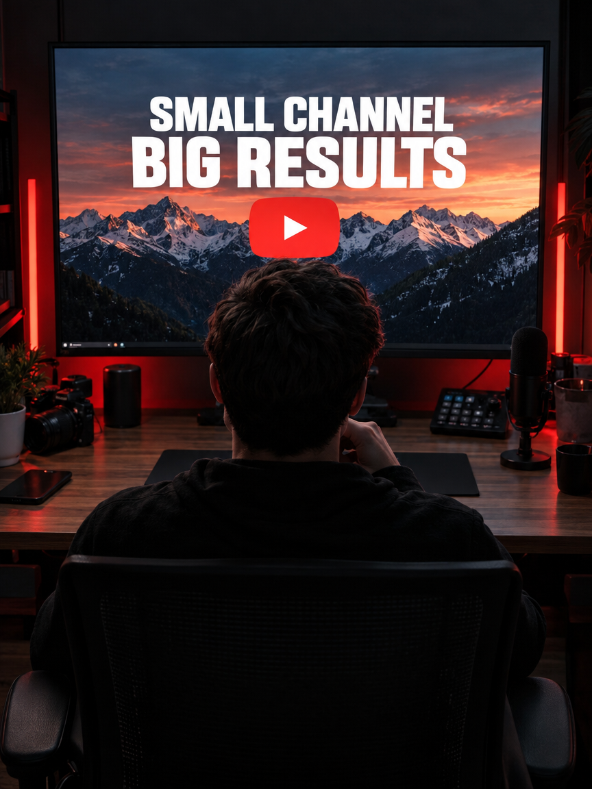 A creator at a desk looking at a large YouTube thumbnail on screen