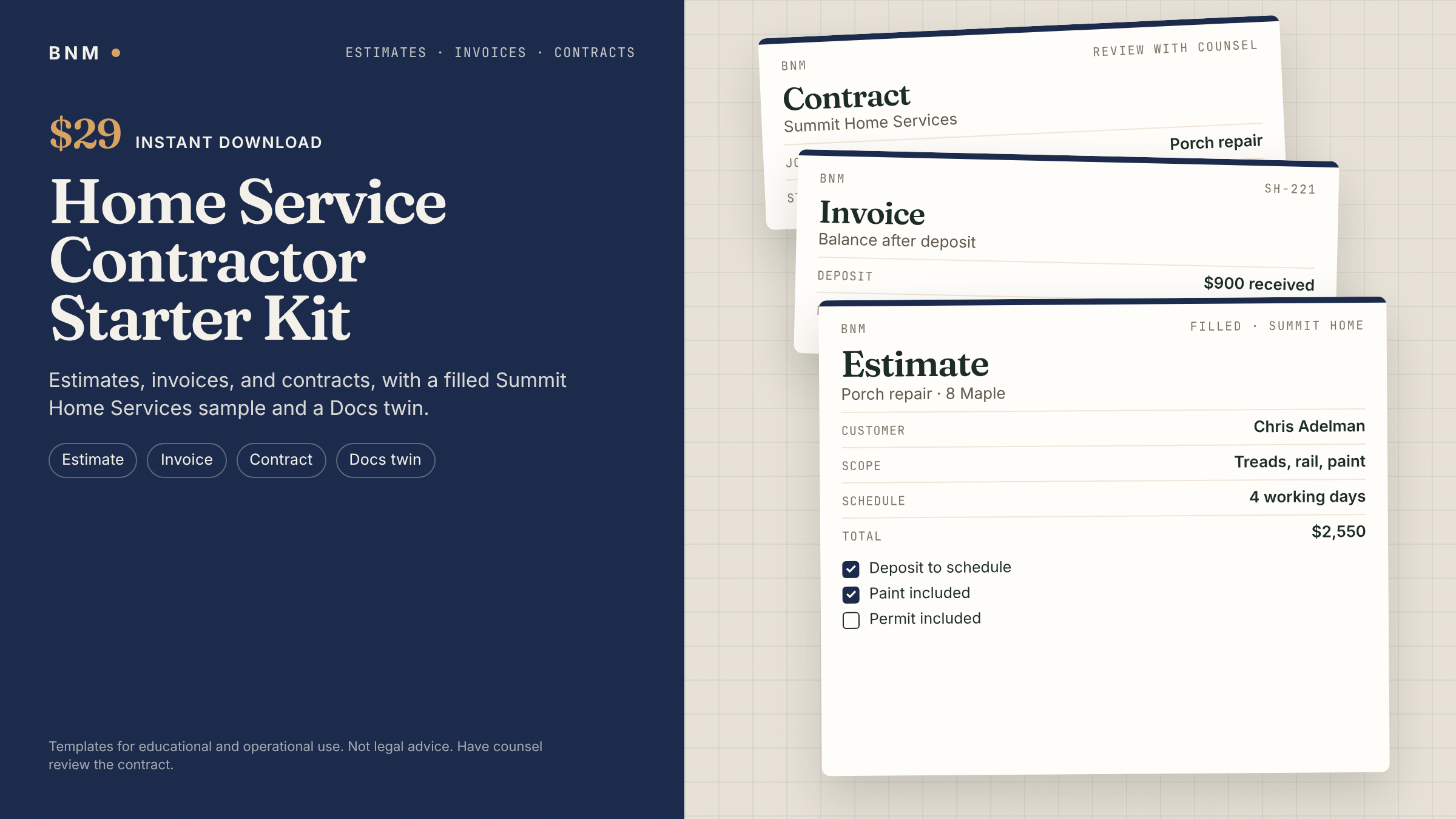 Home Service Contractor Starter Kit — Estimates, Invoices & Change Orders