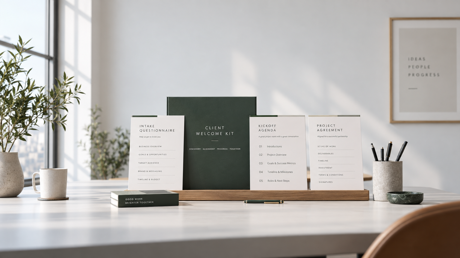 A manila folder with onboarding pages on a linen desk