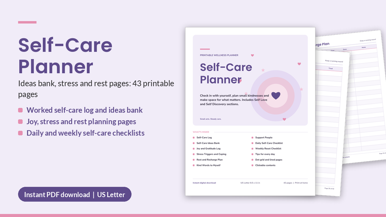 Self-Care Planner Printable PDF | Self Love & Self Discovery (US Letter)