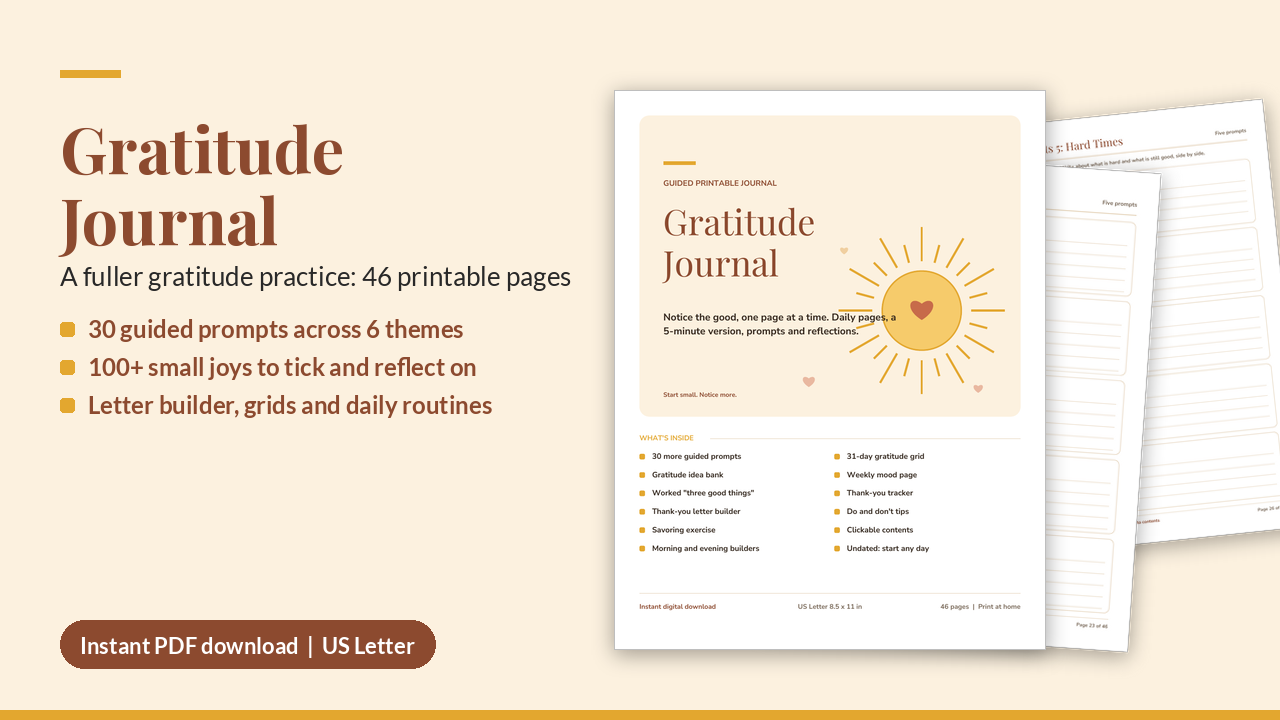 Gratitude Journal Printable PDF | Daily & 5-Minute Pages, Prompts (US Letter)