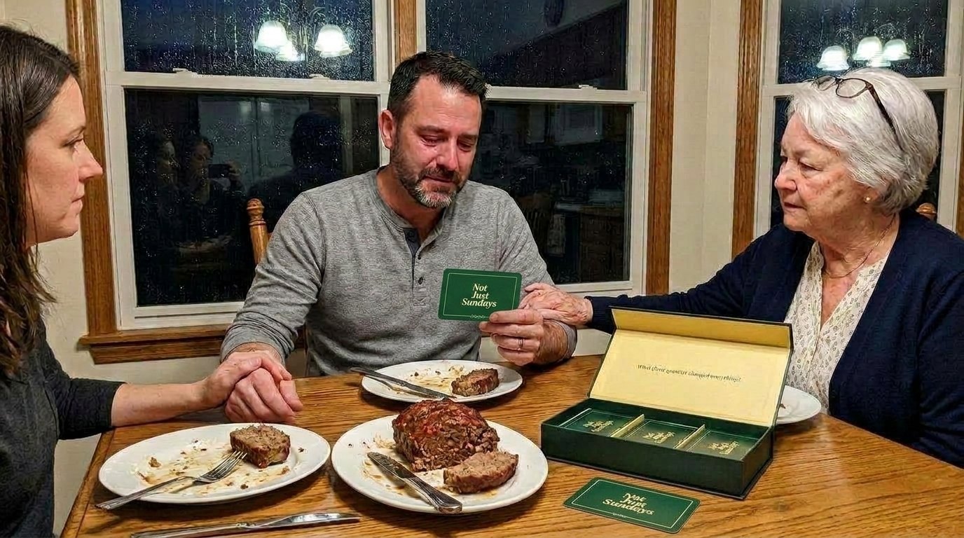 A middle-aged man holds a question card at the dinner table while his elderly mother rests her hand on his arm