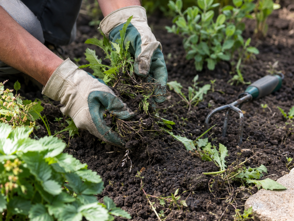 Gloved hands pulling weeds from a garden bed