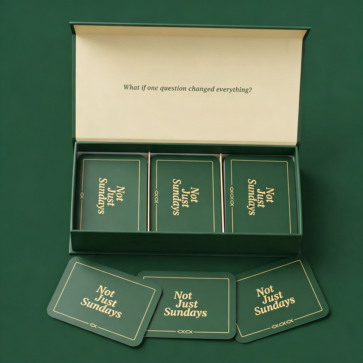 The Not Just Sundays conversation game box with its three decks of question cards.