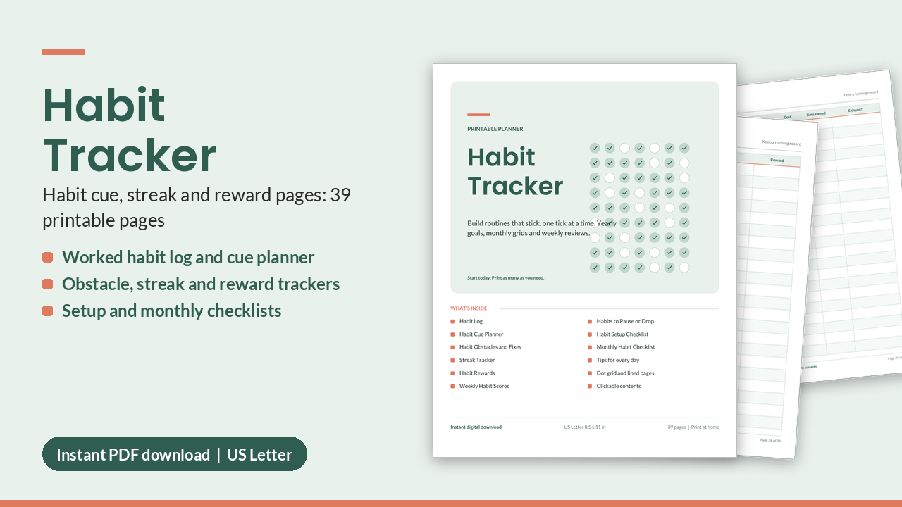 Habit Tracker Printable PDF | Monthly, Yearly & 30-Day (US Letter)