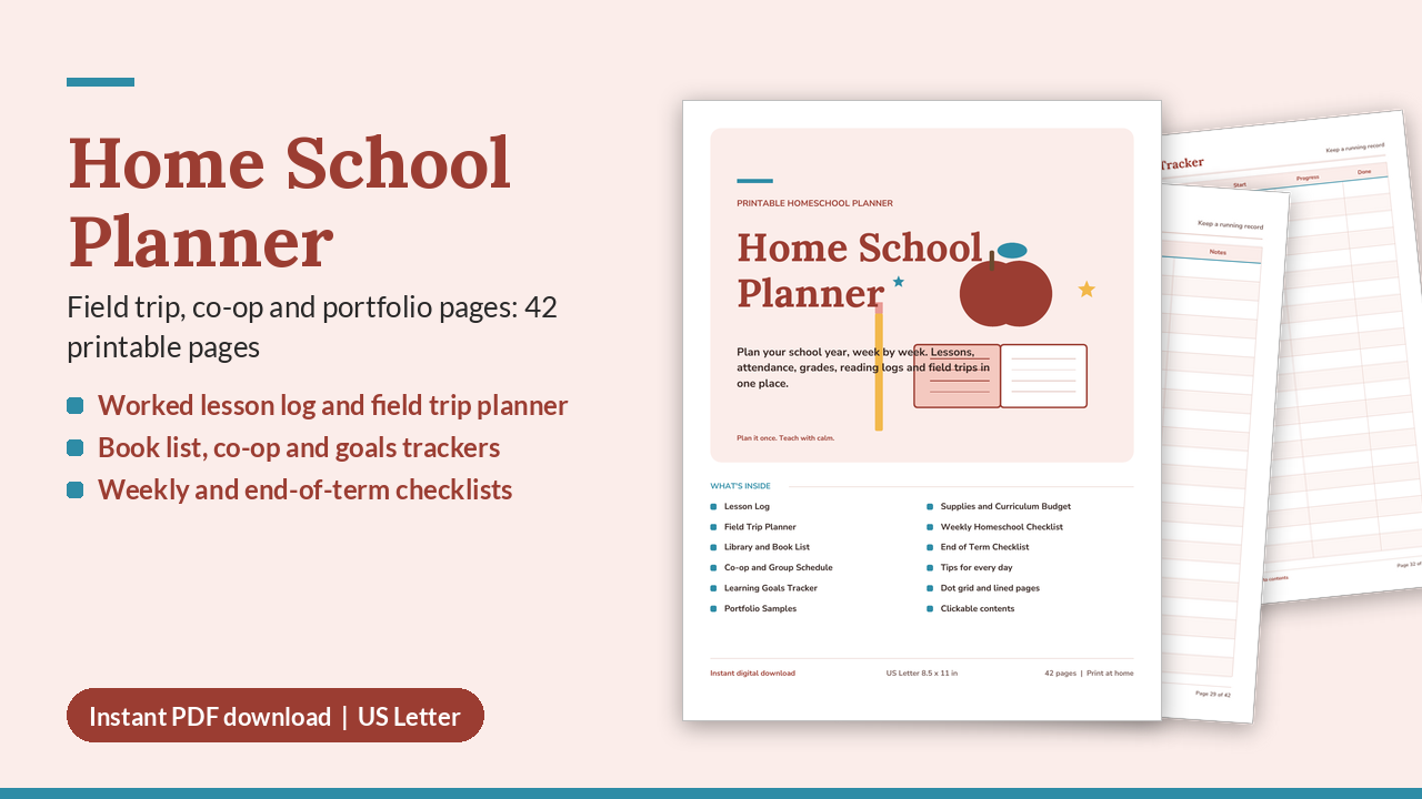 Home School Planner Printable PDF | Lessons, Attendance, Grades (US Letter)