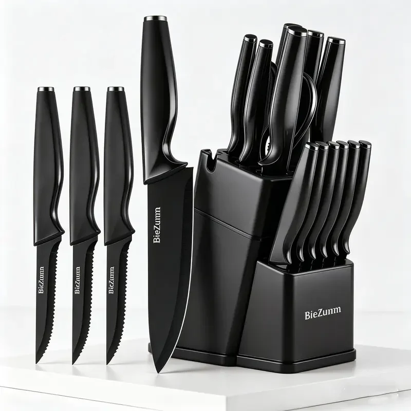 Black Kitchen Knife Block Set - 15-Piece/3-Piece