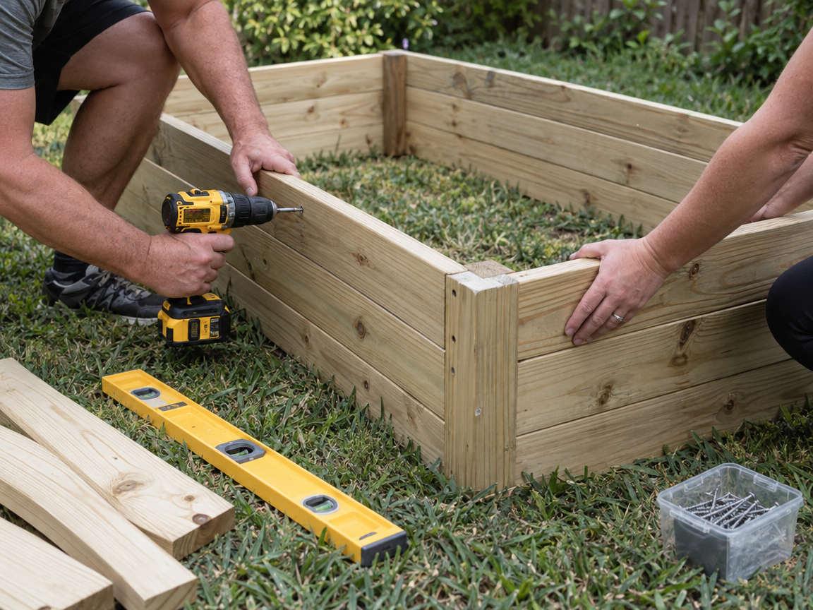 A raised garden bed being assembled in a backyard