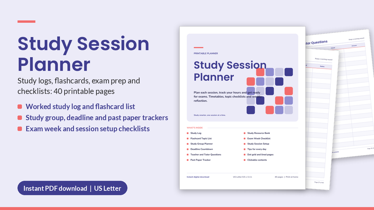 Study Session Planner Printable PDF | Timetable, Exams, Focus (US Letter)