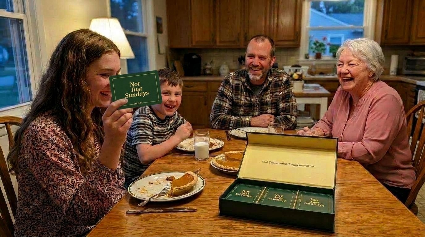A teenage granddaughter reads a question card aloud at the family dinner table while everyone around her laughs