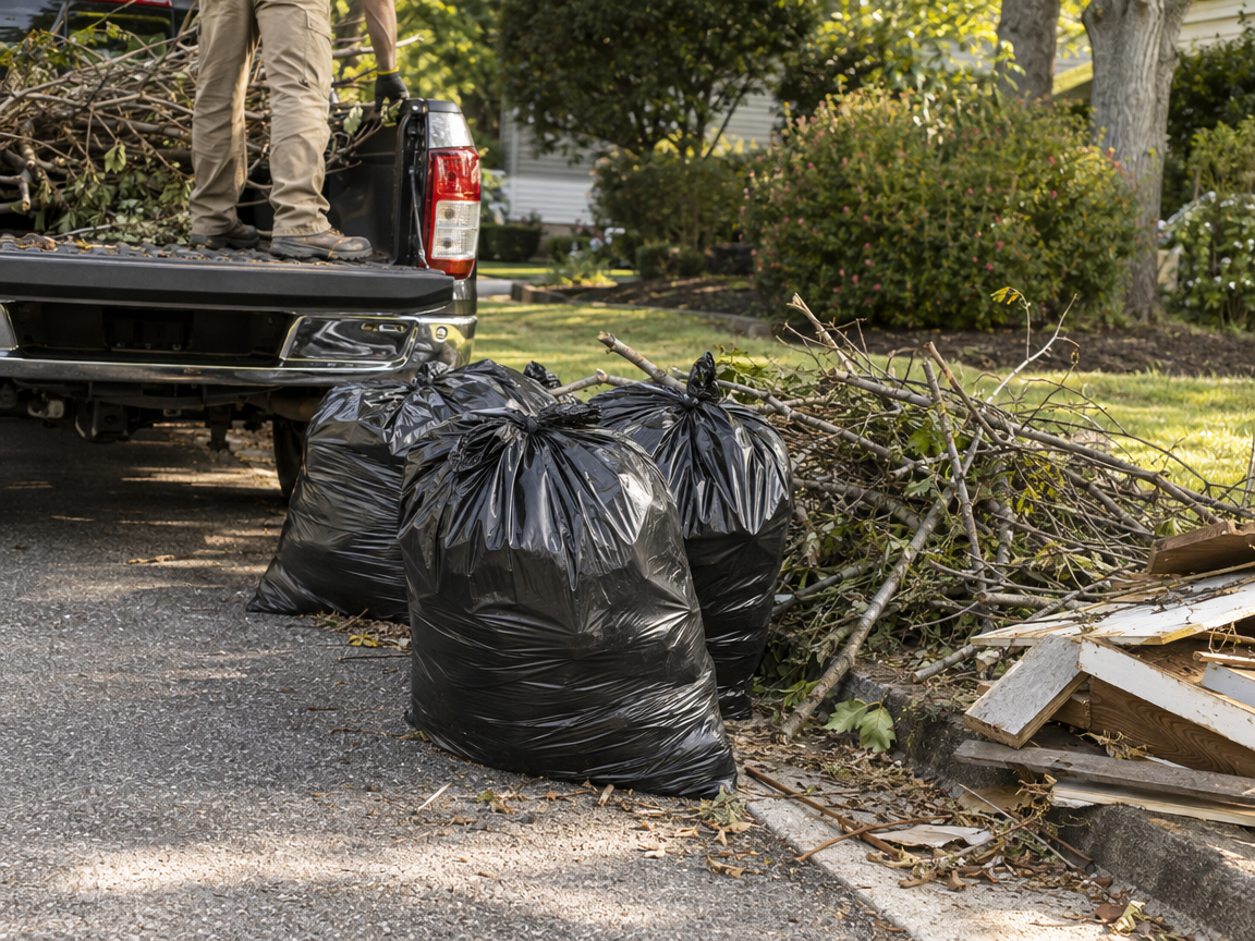 Yard waste bags and branches loaded at the curb