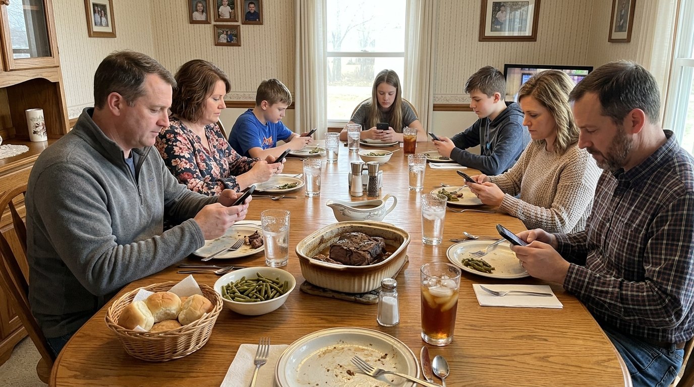 A grandmother at the head of a Sunday dinner table while her grown children and grandchildren look at their phones
