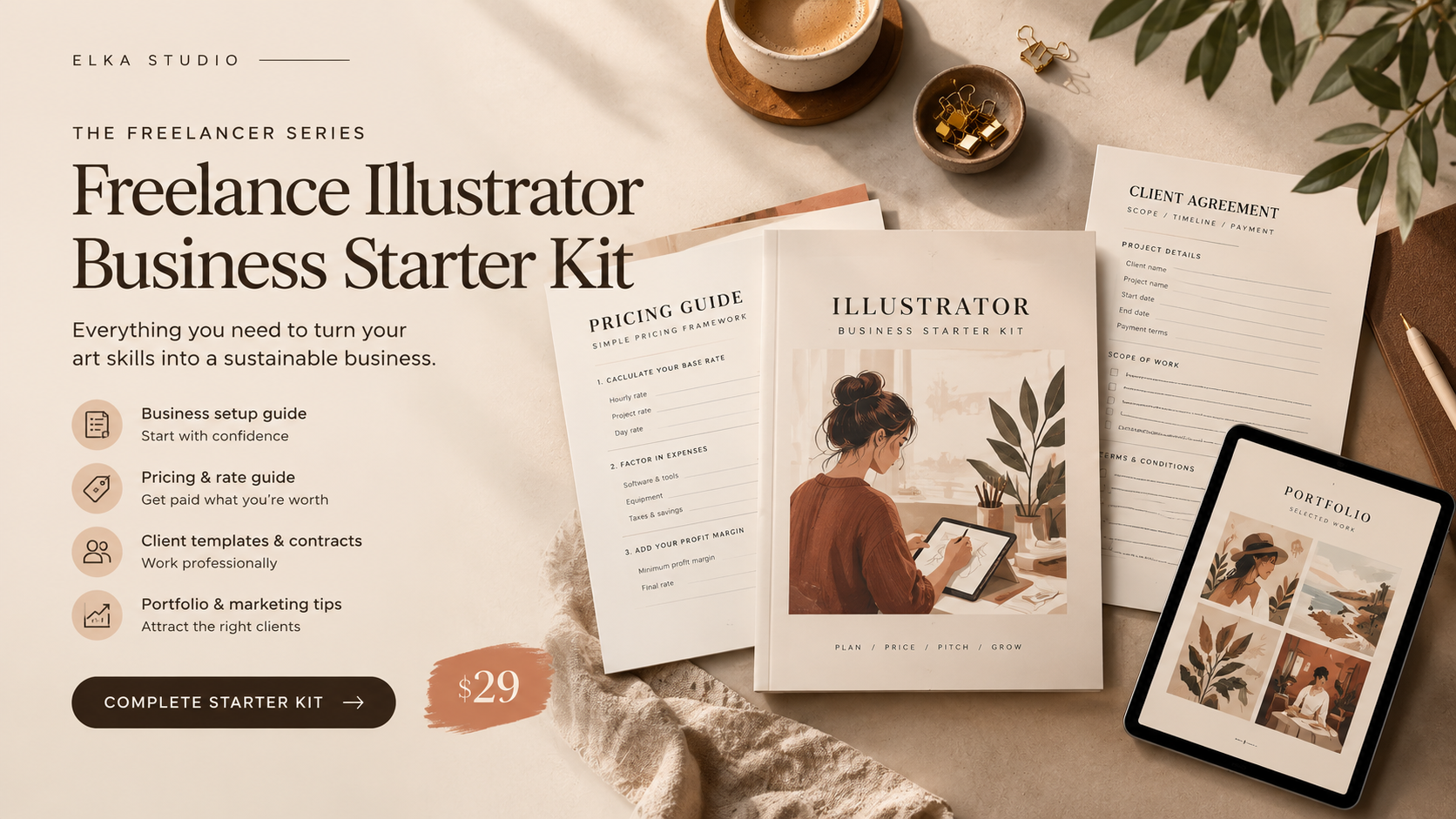 Illustration desk with sketches, paint, and a tablet