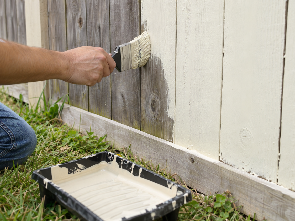 A wooden fence being painted with a brush