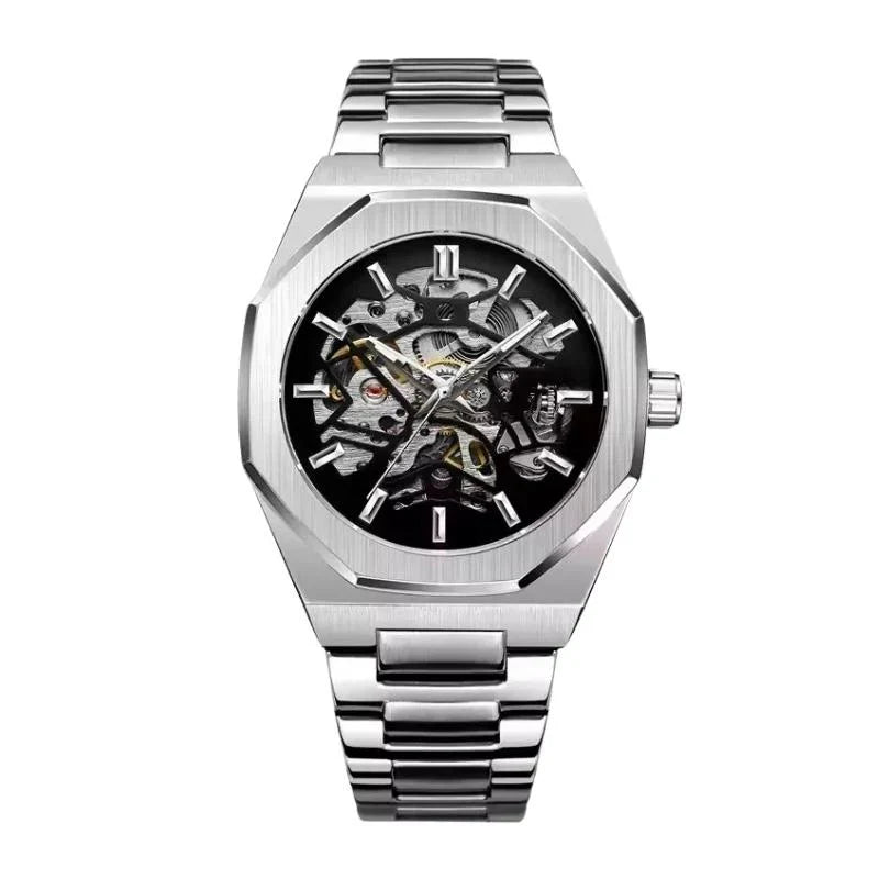 Octagonal Automatic Skeleton Watch — Integrated Steel Bracelet