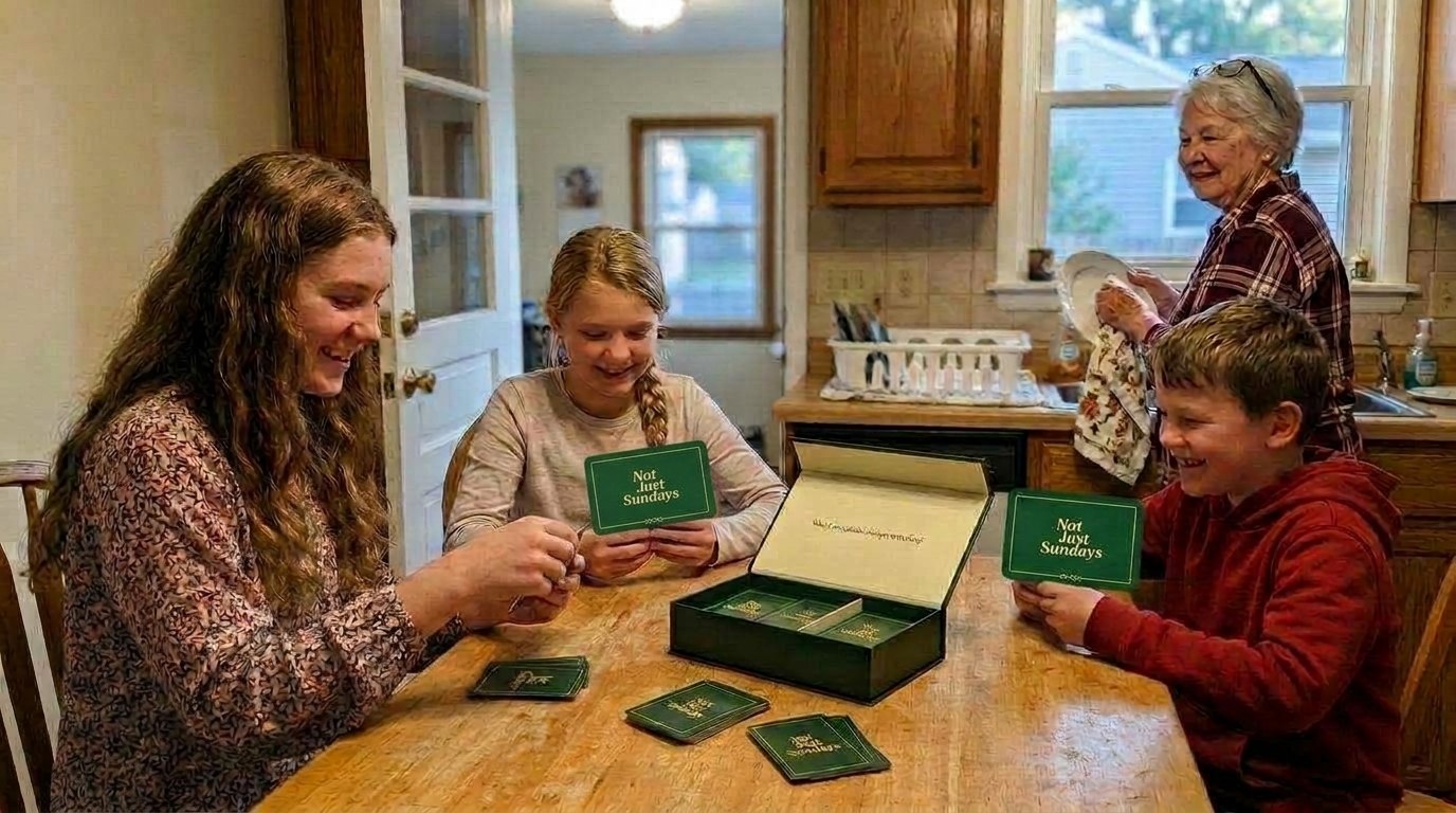 Grandchildren deal Not Just Sundays cards onto the kitchen table after dinner while their grandmother dries a dish and smiles