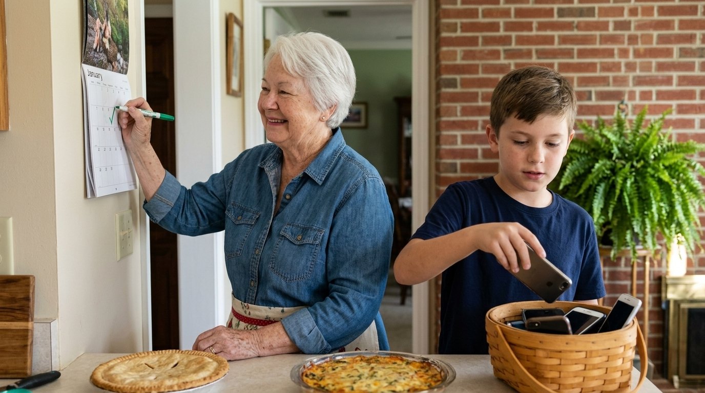 A grandmother marks the kitchen calendar while her grandson drops his phone into a basket on the counter