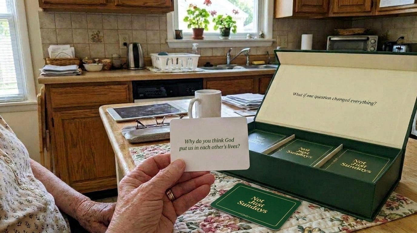 An older woman at her kitchen table with reading glasses, lifting the lid of a green Not Just Sundays card box