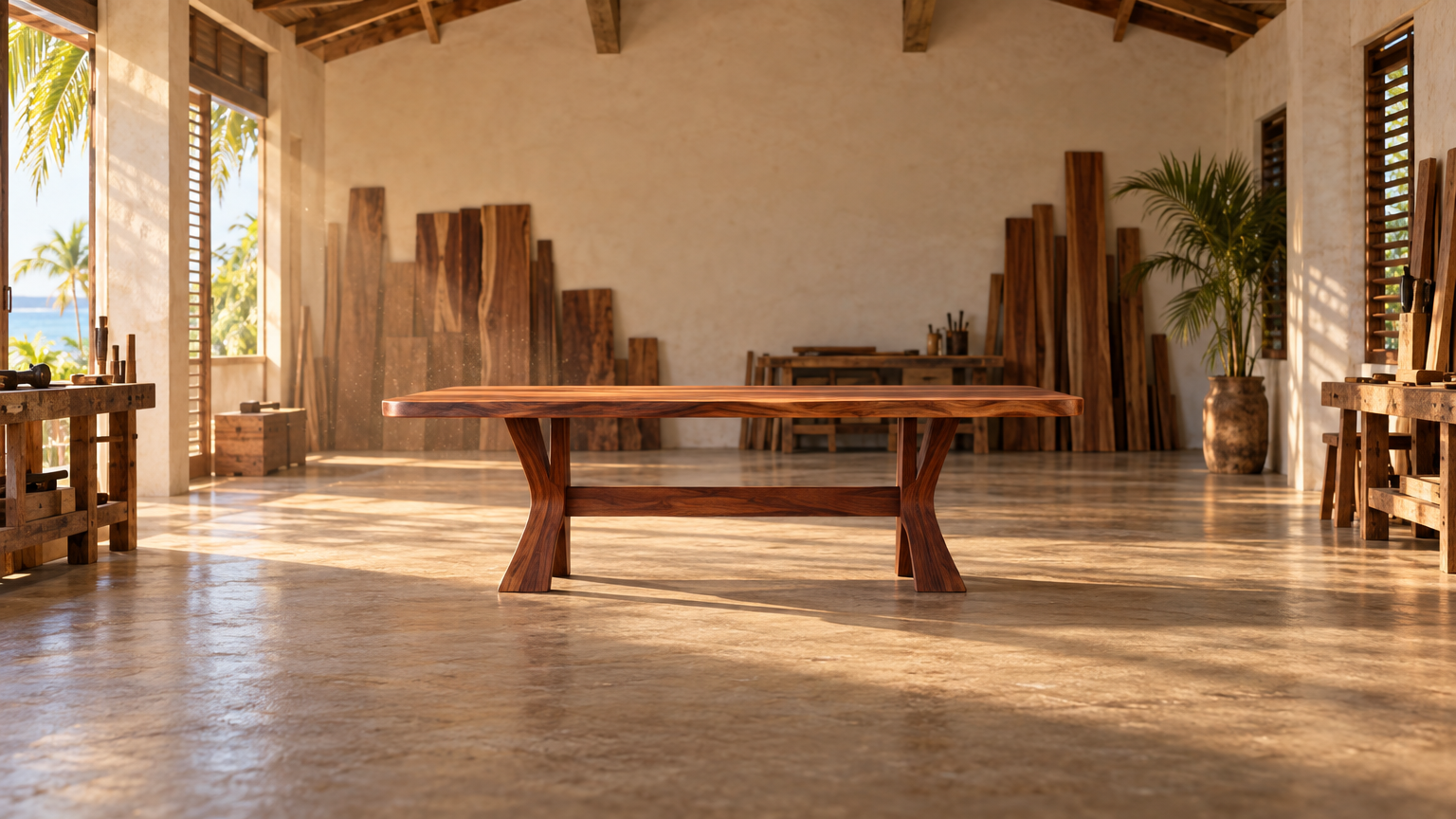 Mesa de madera en el taller de Puerto Cabello