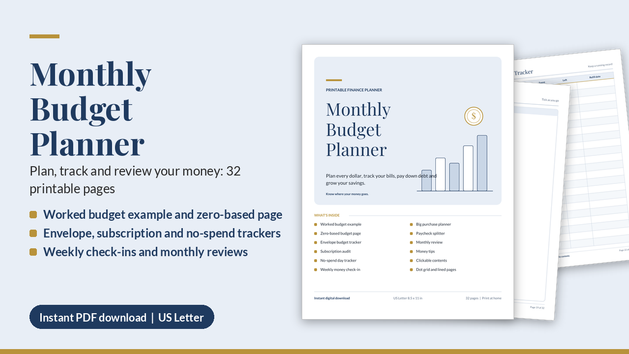 Monthly Budget Planner Printable PDF | Bills, Savings, Debt (US Letter)