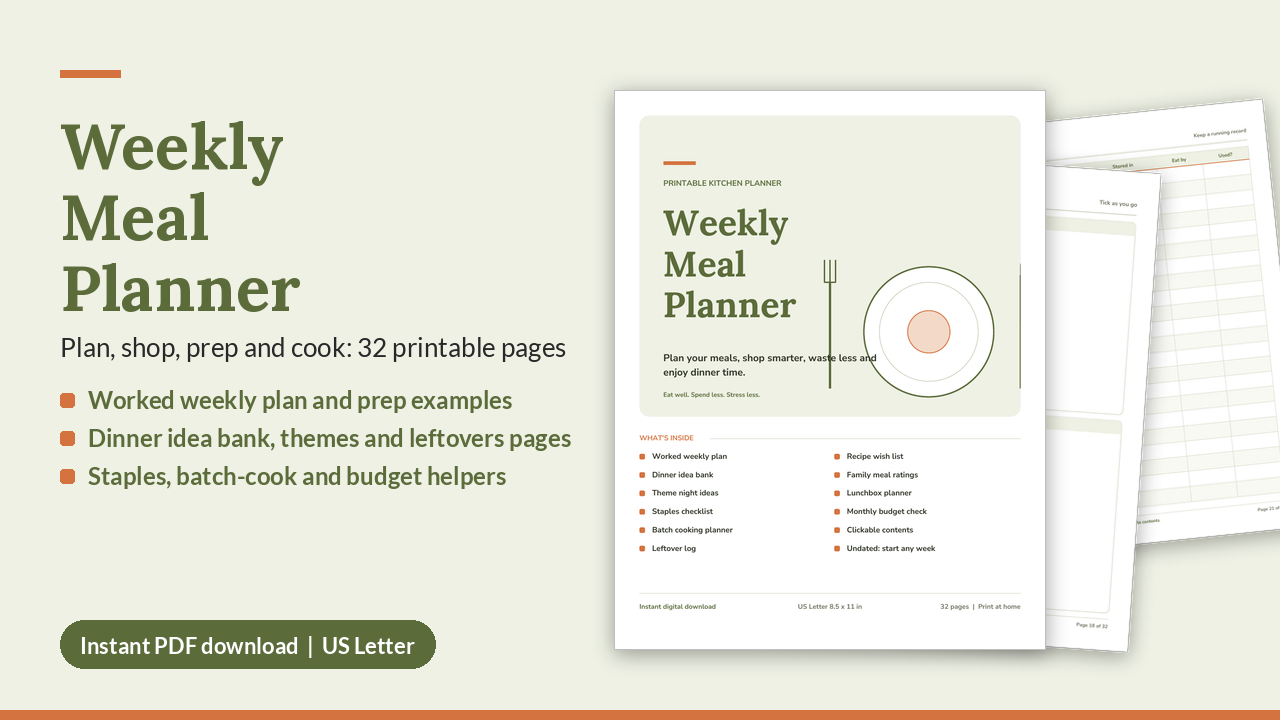 Weekly Meal Planner Printable PDF | Grocery List & Meal Prep (US Letter)