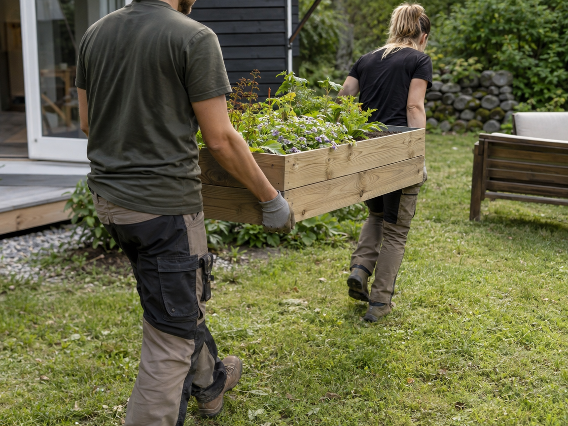 Two people carrying a heavy wooden planter across a backyard