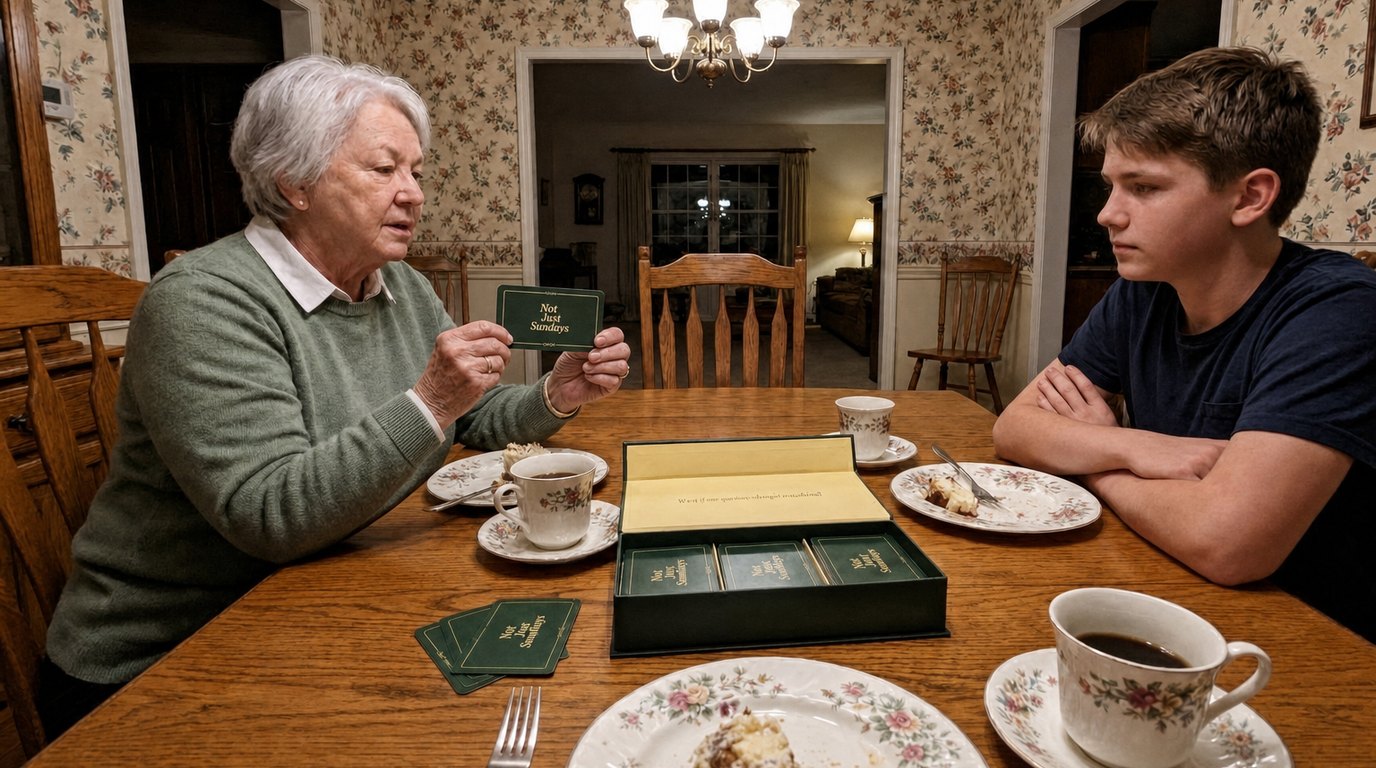 A grandmother holds a white question card across the dinner table toward her teenage grandson, who is listening