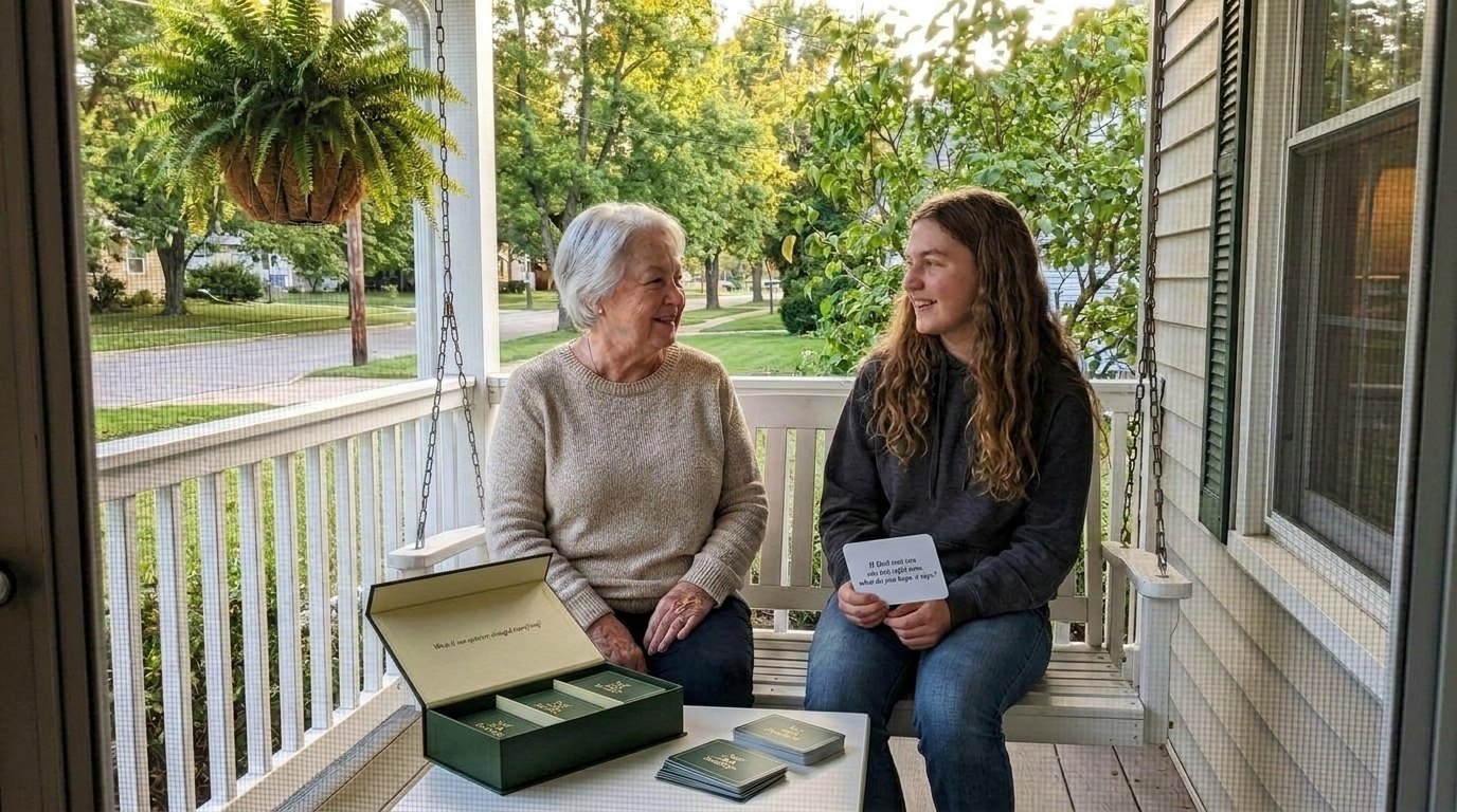 An elderly woman and her teenage granddaughter talk on a porch swing with a question card between them