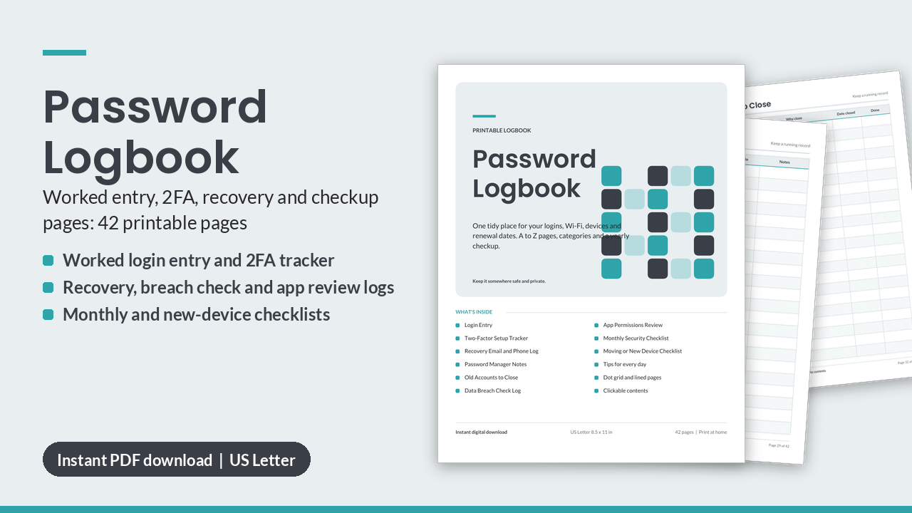 Password Logbook Printable PDF | A-Z Logins, Wi-Fi, Devices (US Letter)