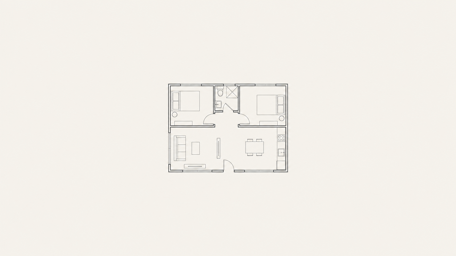 A two-bedroom floor plan with kitchen, living room, and bath