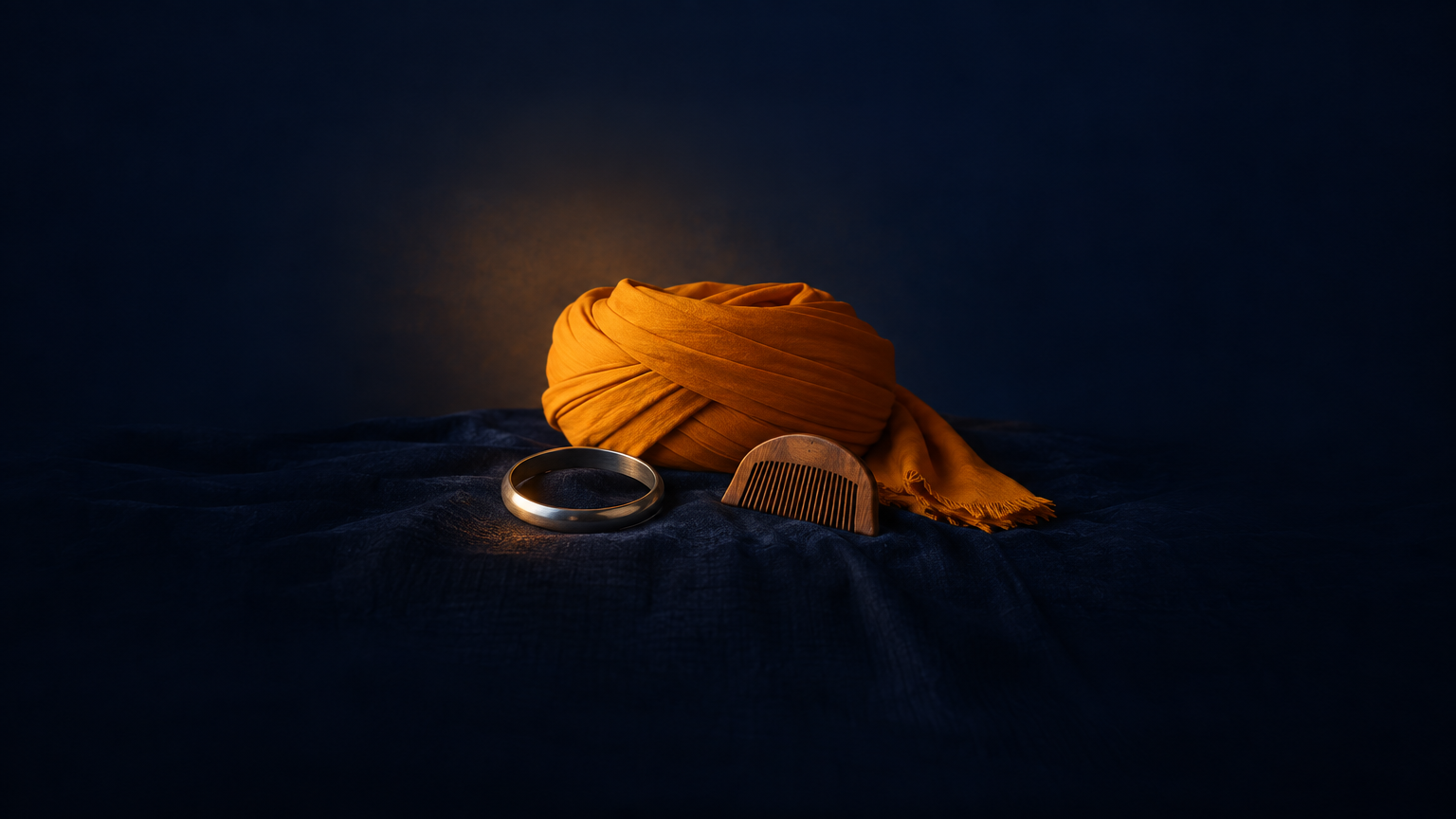 A kesari dastar, steel kara, and wooden kangha