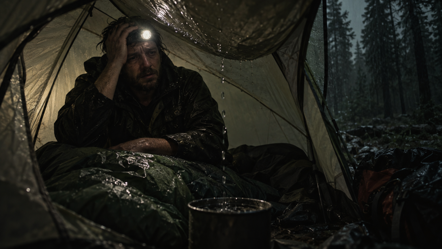 A cheap tent leaking on a wet night