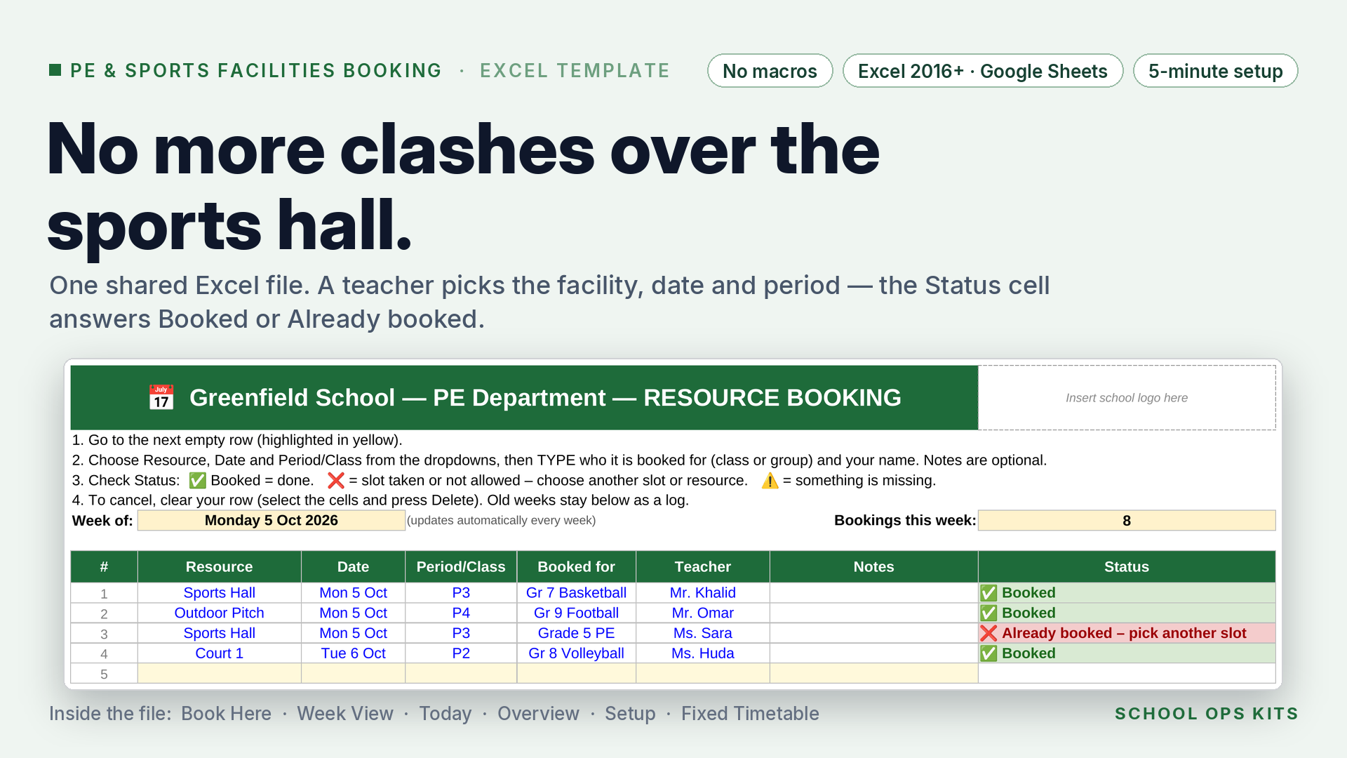 PE & Sports Facilities Booking — hall, pitch, courts, pool (Excel)