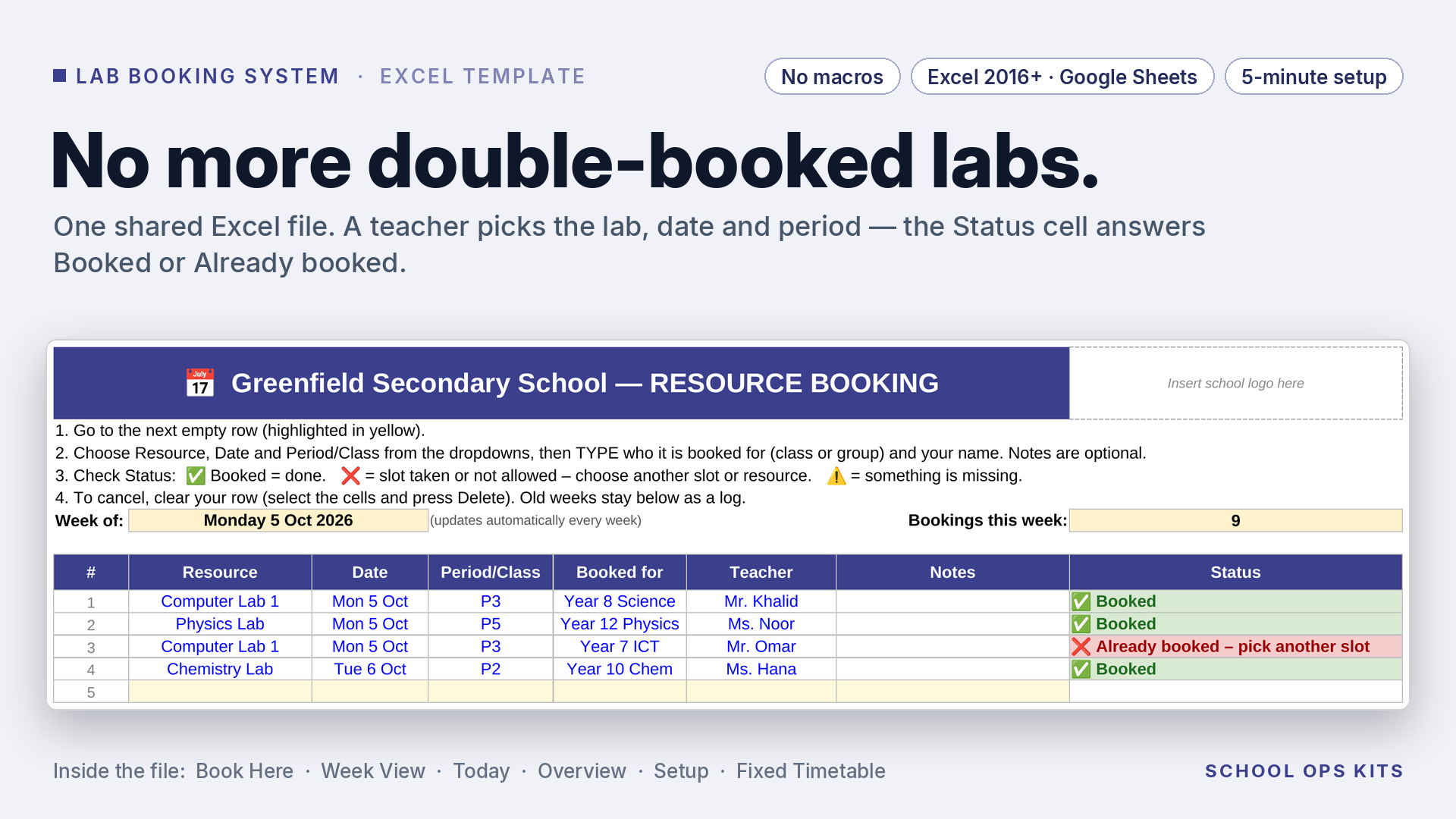 Lab Booking System — computer, science & STEM labs (Excel)