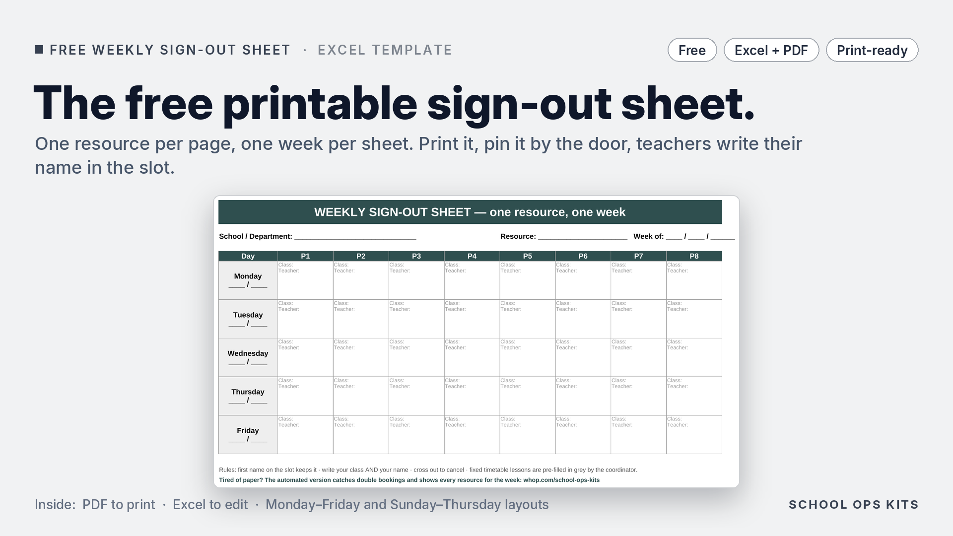 FREE Weekly Sign-Out Sheet — printable, one resource per page (Excel + PDF)
