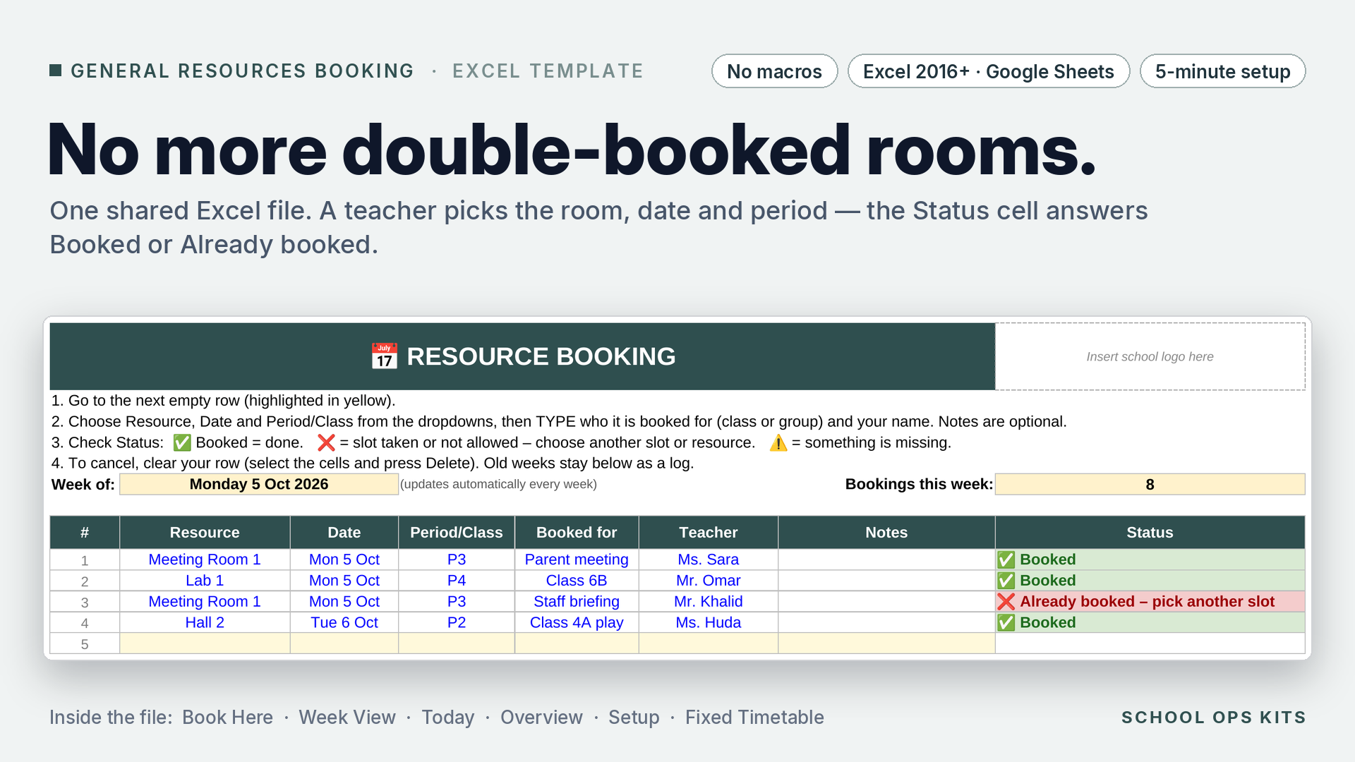 General School Resources Booking — rooms, halls, labs, trolleys (Excel)