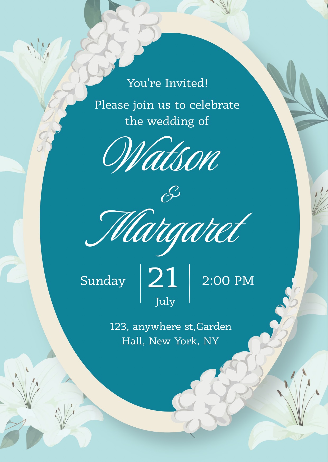 Teal Lily Oval Wedding Invite